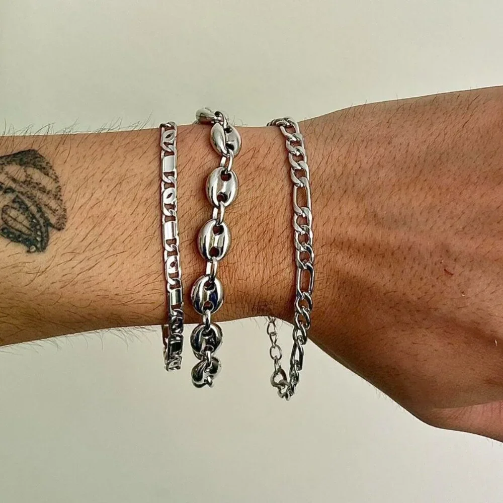 silver figaro link stainless steel chain bracelet